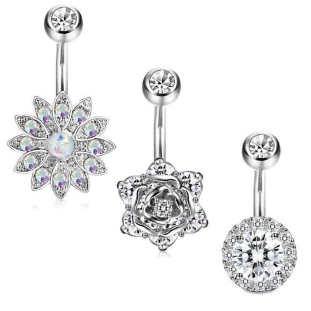Silver 316L 14G with Diamond Cubic Zirconia and White Opal Belly Rings Set of 3